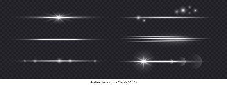 Efeito de lente de clarão de luz horizontal, feixe de luz branco, raios de linha de brilho isolados no bg escuro. Conjunto de raios laser de brilho, ilustração vetorial. efeito de luz de Natal com bokeh e estrelas.