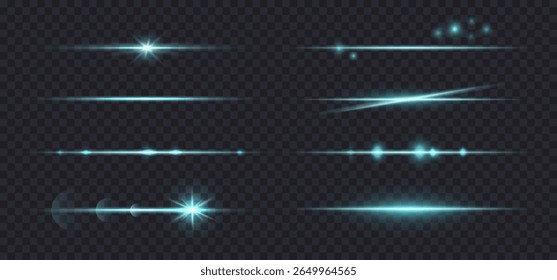 Lichtfackel Linseneffekt horizontal, grünes Licht Strahl, Glühlinien Strahlen isoliert auf dunklen BG. Funkellaserstrahl-Set, Vektorgrafik. Weihnachtslichteffekt mit Bokeh und Sternen.