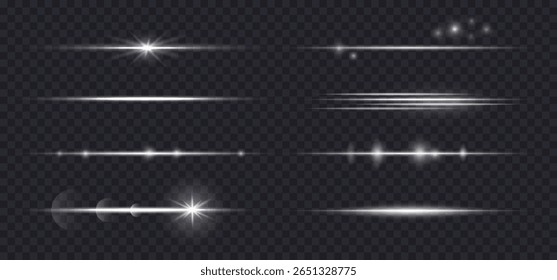 Efecto de lente de destello de luz Horizontal, haz de luz blanca, rayos de línea de brillo aislados en bolsa oscura. Juego de rayos láser Sparkle, Ilustración vectorial. Navidades efecto de luz con bokeh y estrellas.