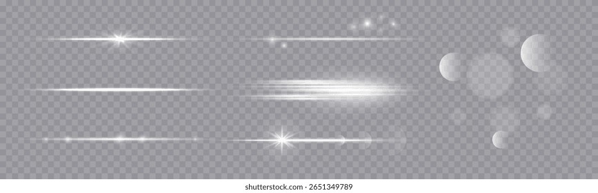 Light flare lens effect horizontal, blue light beam, glow line rays isolated on transparent bg. Sparkle laser beam set, vector illustration. Christmas light effect with bokeh and stars.