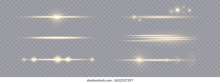 Efeito de lente de clarão de luz horizontal, feixe de luz dourado, raios de linha de brilho isolados em bg transparente. Conjunto de raios laser de brilho, ilustração vetorial. Natal efeito de luz amarela com bokeh e estrelas.