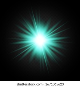 Light flare on black background. Holiday glowing backdrop. Lens flare, glow light effect. Night glow effect. Disco design. Christmas decoration. Bright glowing star. Black background.