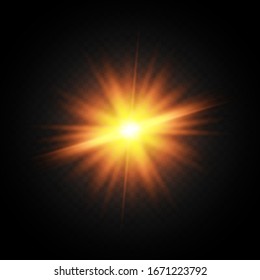Light flare on black background. Holiday glowing backdrop. Lens flare, glow light effect. Night glow effect. Disco design. Christmas decoration. Bright glowing star. Black background.