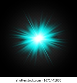 Light flare on black background. Holiday glowing backdrop. Lens flare, glow light effect. Night glow effect. Disco design. Christmas decoration. Bright glowing star. Black background.