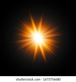 Light flare on black background. Holiday glowing backdrop. Lens flare, glow light effect. Night glow effect. Disco design. Christmas decoration. Bright glowing star. Black background.