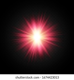 Light flare on black background. Holiday glowing backdrop. Lens flare, glow light effect. Night glow effect. Disco design. Christmas decoration. Bright glowing star. Black background.