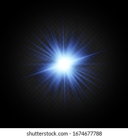Light flare on black background. Holiday glowing backdrop. Lens flare, glow light effect. Night glow effect. Disco design. Christmas decoration. Bright glowing star. Black background.