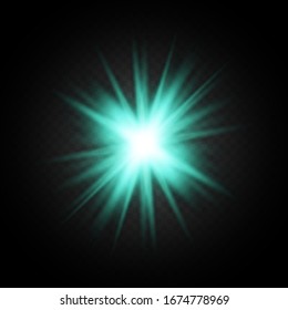 Light flare on black background. Holiday glowing backdrop. Lens flare, glow light effect. Night glow effect. Disco design. Christmas decoration. Bright glowing star. Black background.