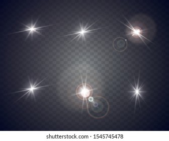 Light flare. Optical lens glowing flashlight effect. Gleaming camera flash. Realistic sparkles vector set