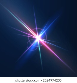 Light flare, shine flash sparkle or star glow ray or beam, realistic vector sunlight. Light glare with blur or bokeh flare effect background, shiny spark or bright starlight with lens flare effect