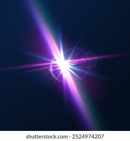 Light flare, shine flash sparkle or star glow ray or beam, realistic vector sunlight. Light glare with blur or bokeh flare effect background, shiny spark or bright starlight with lens flare effect