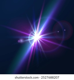 Destello de luz, destello de brillo o rayo de brillo de estrella o haz, luz solar de Vector realista. Deslumbramiento ligero con el fondo desenfocado o bokeh del efecto del destello, la chispa brillante o la luz brillante de las estrellas con el efecto del destello de la lente