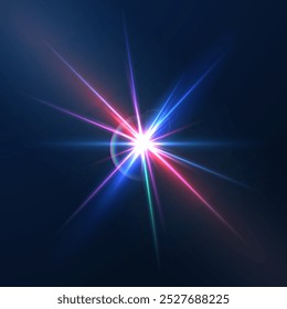 Light flare, shine flash sparkle or star glow ray or beam, realistic vector sunlight. Light glare with blur or bokeh flare effect background, shiny spark or bright starlight with lens flare effect