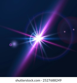 Light flare, shine flash sparkle or star glow ray or beam, realistic vector sunlight. Light glare with blur or bokeh flare effect background, shiny spark or bright starlight with lens flare effect