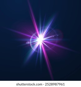 Light flare, shine flash sparkle or star glow ray or beam, realistic vector sunlight. Light glare with blur or bokeh flare effect background, shiny spark or bright starlight with lens flare effect