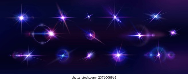 Light flare. Spark effect, space or star glint, twinkle beam, camera shine particle element. Pink and purple colors, beam reflections. Optical glare, abstract shining stars. Vector isolated exact set