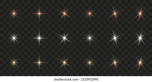 Light Flare Sparkle on Transparent Background. Glow Star Shine Effect. Bright Flash Glitter Set. Glare Shiny Sparkle. Flare Gold Star. Shine Burst. Isolated Vector Illustration.