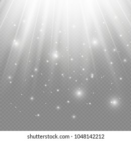 Light flare special effect with rays of light and magic sparkles. Glow transparent vector light effect set, explosion, glitter, spark, sun flash.