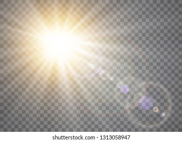 Light flare special effect with rays of light and magic sparkles. Glow transparent vector light effect set, explosion, glitter, spark, sun flash.