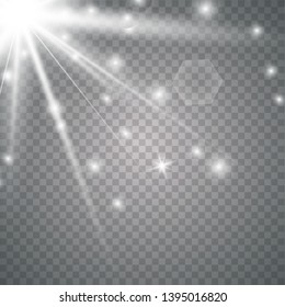 Light flare special effect with rays of light and magic sparkles. Flying white magical dust. Vector illustration eps 10.