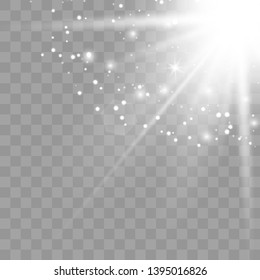 Light flare special effect with rays of light and magic sparkles. Flying white magical dust. Vector illustration eps 10.