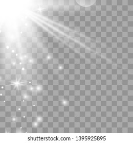 Light flare special effect with rays of light and magic sparkles. Flying white magical dust. Vector illustration eps 10.