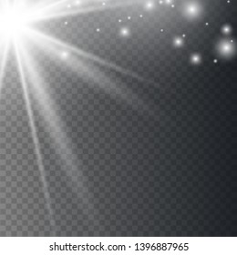 Light flare special effect with rays of light and magic sparkles. Flying white magical dust. Vector illustration eps 10.