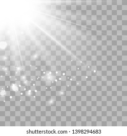 Light flare special effect with rays of light and magic sparkles. Flying white magical dust. Vector illustration eps 10.