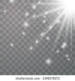 Light flare special effect with rays of light and magic sparkles. Flying white magical dust. Vector illustration eps 10.