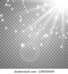Light flare special effect with rays of light and magic sparkles. Flying white magical dust. Vector illustration eps 10.
