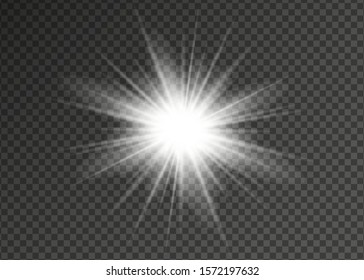 Light flare special effect with rays of light and magic sparkles. Glow transparent vector light effect set, explosion, glitter, spark, sun flash.