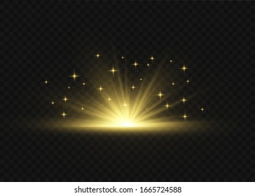 Light flare special effect with rays of light and magic sparkles. Glow transparent vector light effect set, explosion, glitter, spark, sun flash.