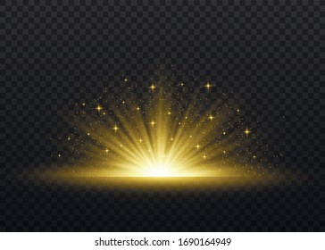 Light flare special effect with rays of light and magic sparkles. Glow transparent vector light effect set, explosion, glitter, spark, sun flash.