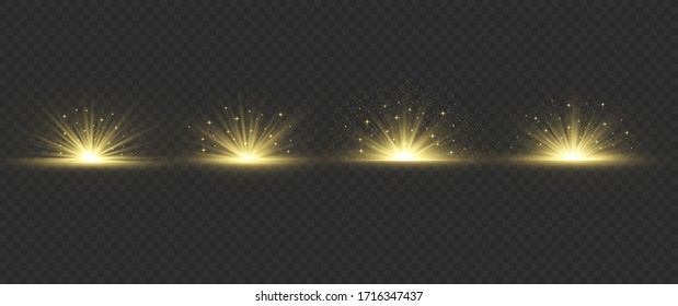 Light flare special effect with rays of light and magic sparkles. Glow transparent vector light effect set, explosion, glitter, spark, sun flash.