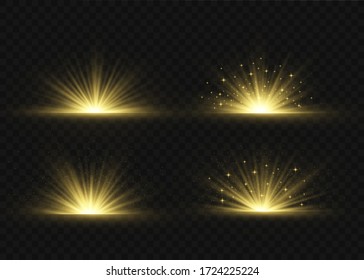 Light flare special effect with rays of light and magic sparkles. Glow transparent vector light effect set, explosion, glitter, spark, sun flash.