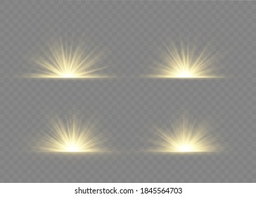 Lichtflare Spezialeffekt mit Lichtstrahlen und Zaubersprüchen. Glühtransparenter Vektorlichteffekt-Set, Explosion, Glitter, Funken, Sonnenblitz.