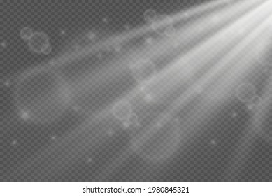 Light flare special effect with rays of light and magic sparkles. Glow transparent vector light effect set, explosion, glitter, spark, sun flash.
