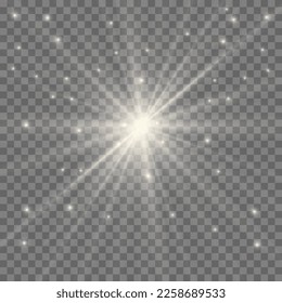Light flare special effect with rays of light and magic sparkles. Glow transparent vector light effect set, explosion, glitter, spark, sun flash.