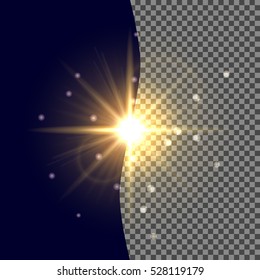 Light flare or star explosion with glowing sparkles and lens flare effect. Shining sunburst light effect on transparent background. Sunlight background for art design