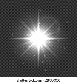Light flare or star explosion with glowing sparkles and lens flare effect. Shining sunburst light effect on transparent background. Sunlight background for art design