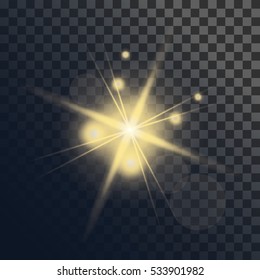 Light flare or star explosion with glowing sparkles and lens flare effect. Shining sunburst light effect on transparent background. Vector illustration for effect decoration with ray sparkles.