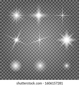 Light flare vector effect set. Flash lihgtning star isolated on transparent background. Shiny starlight spark on lens. Collection of magic christmas twinkle. Abstract glare explosion