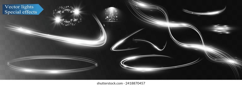  Light flare wave shine effect,vector glow line sparkle shine. Silver wavy effects.