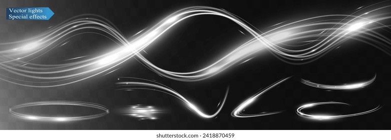  Light flare wave shine effect,vector glow line sparkle shine. Silver wavy effects.