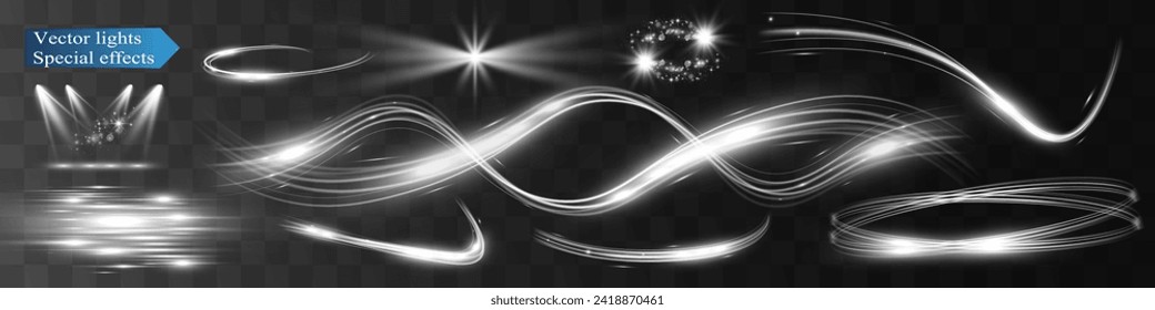  Light flare wave shine effect,vector glow line sparkle shine. Silver wavy effects.
