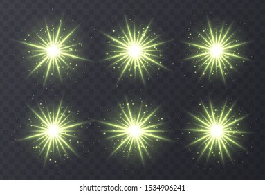 Light flares set isolated on transparent background. Green lens flares, bokeh, sparkles, shining stars with rays collection. Glowing vector light effect. Vector illustration.