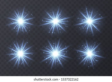 Light flares set isolated on transparent background. Blue lens flares, bokeh, sparkles, shining stars with rays collection. Glowing vector light effect. Vector illustration.