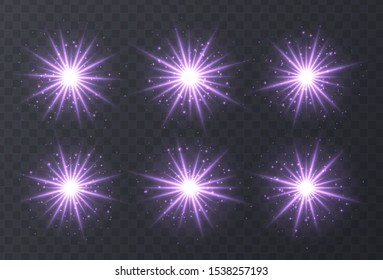 Light flares set isolated on transparent background. Purple lens flares, bokeh, sparkles, shining stars with rays collection. Glowing vector light effect. Vector illustration.