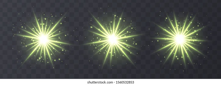 Light flares set isolated on transparent background. Green lens flares, bokeh, sparkles, shining stars with rays collection. Glowing vector light effect. Vector illustration.