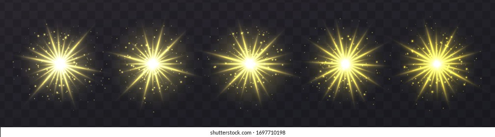 Light flares set isolated on transparent background. Yellow lens flares, bokeh, sparkles, shining stars with rays collection. Glowing vector light effect. Vector illustration.
